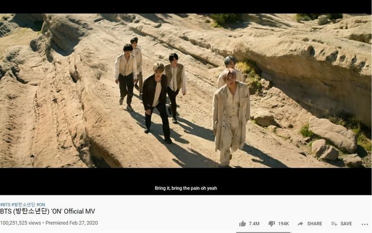 Bts S On Music Video Gains 100 Mil Youtube Views