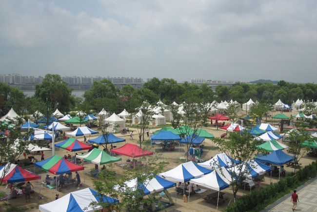 Nanji Camp site along the Han River in western Seoul, the city's most popular zero-equipment camping option