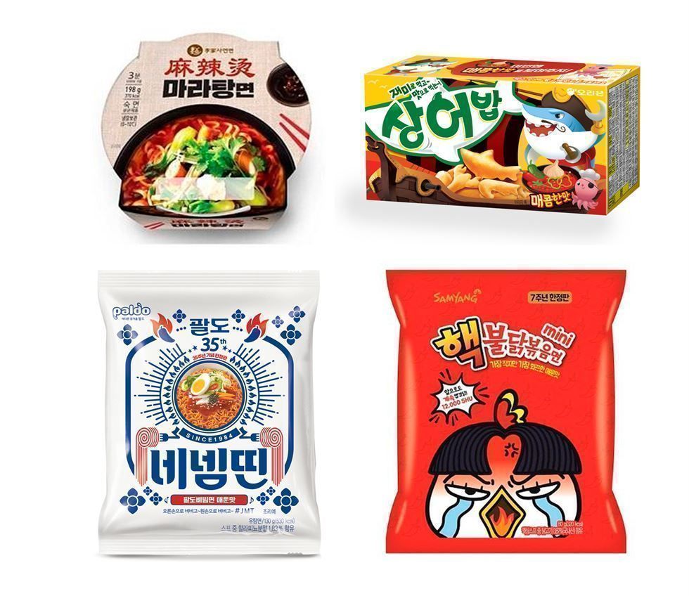 Assortment of Korean spicy food products including Buldak ultra-spicy noodles CU Malatang noodles and Orion spicy Sangeobab fish crackers made with cheongyang red pepper and gochu
