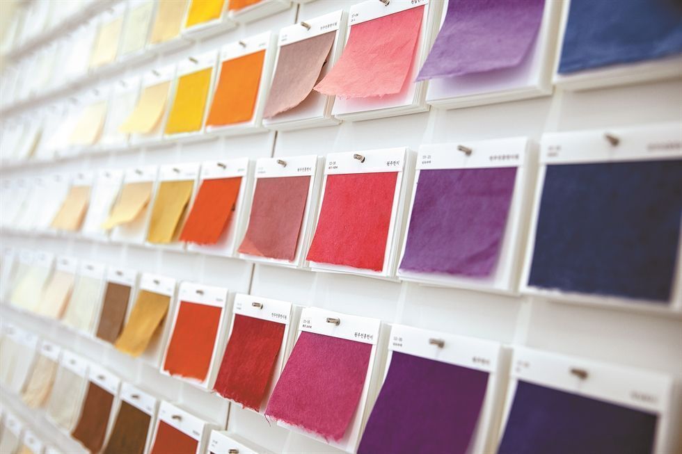 Colorful sample sheets of hanji Korean traditional mulberry paper on display at Hanji Culture and Industry Center in Seoul