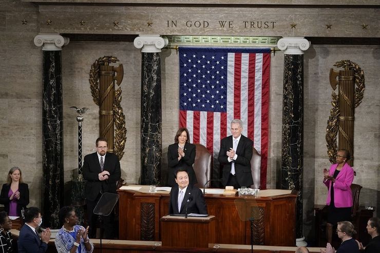 South Korea's President Yoon Suk Yeol looks on after addressing a joint meeting of Congress, Thursday, in Washington. AP-Yonhap