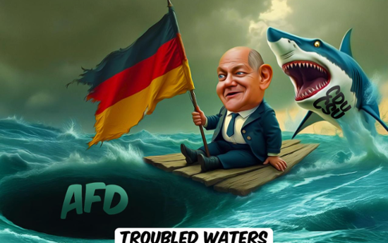 Olaf Scholz sitting on a raft on sea
